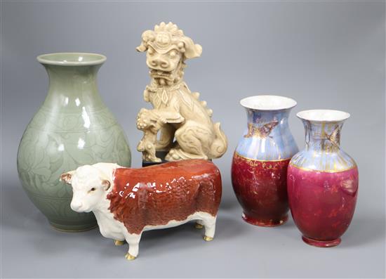 A Beswick bull, a pair of vases, a Chinese vase and a dog of fo